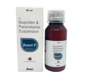 BUNEF-P 60 mL suspension bottle with Ibuprofen 100 mg and Paracetamol 162.5 mg for pain and fever relief