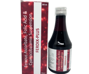 FERDIX-PLUS 200 mL syrup bottle containing Ferric Ammonium Citrate, Folic Acid, and Vitamin B12 for iron and energy support.